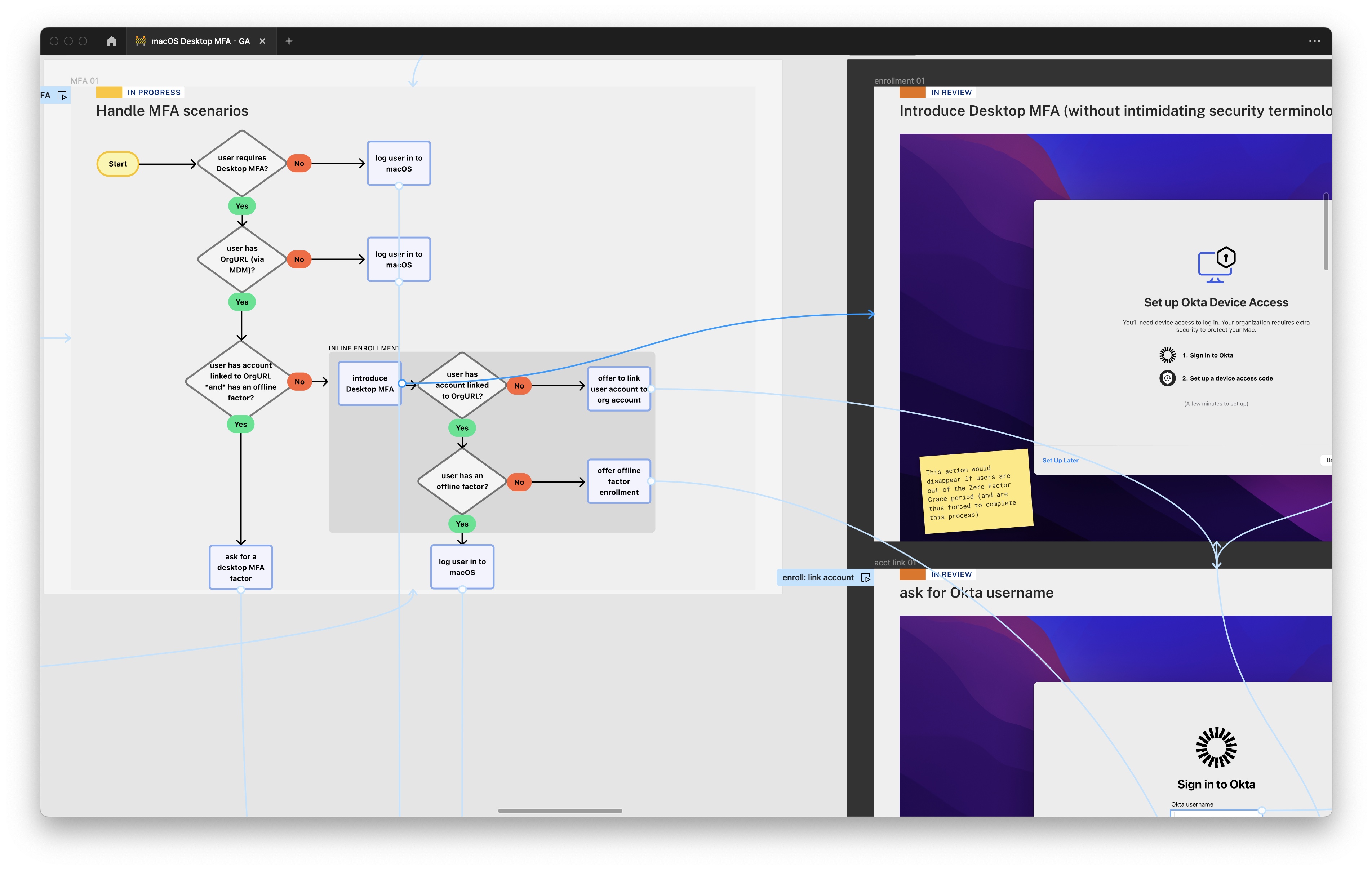 screenshot of logic frame next to UI frame with prototype connections visible