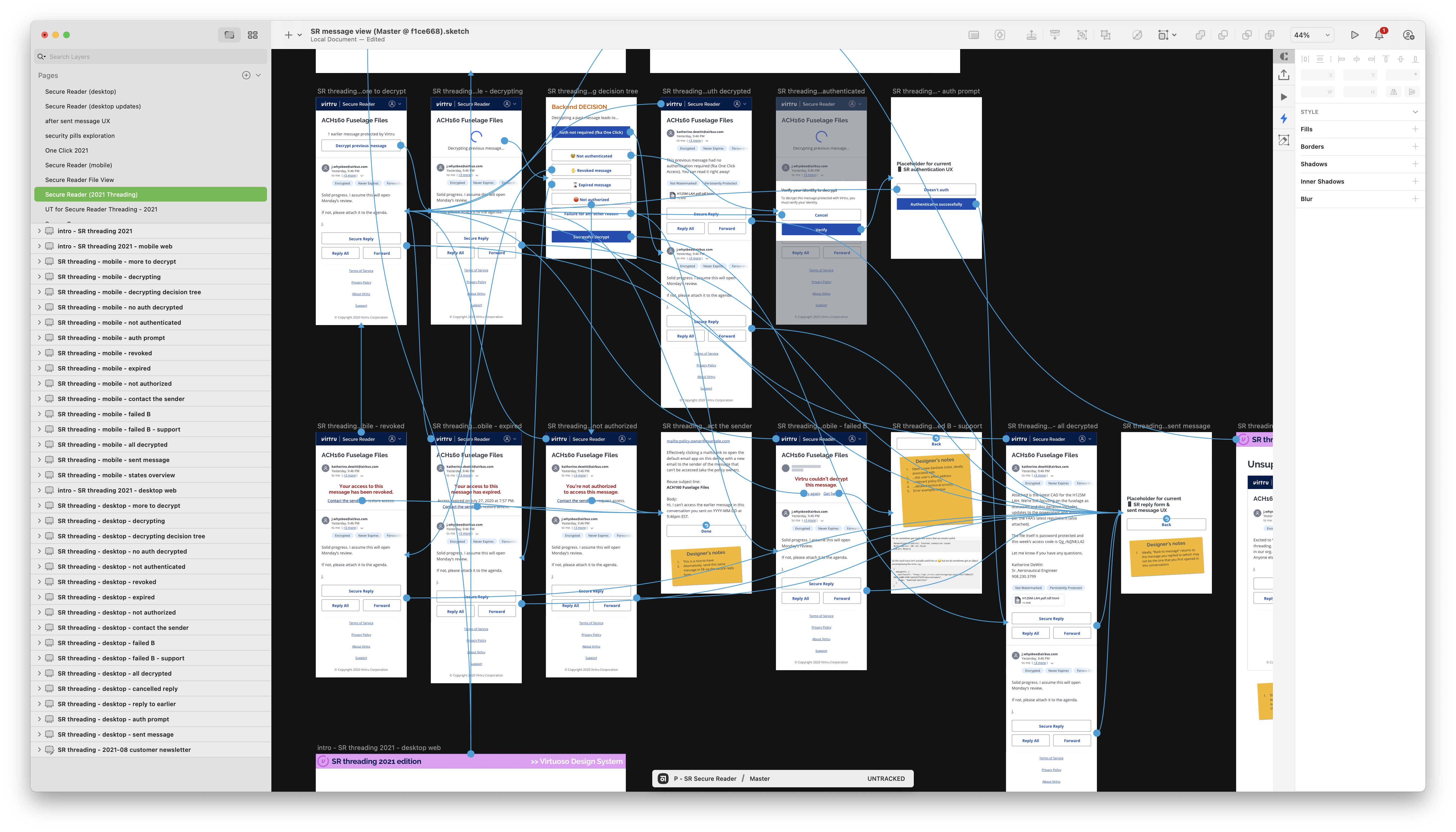 Screenshot of dozens of Sketch hotspots to support Secure Reader threading design